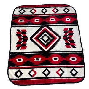Vintage Novatex Aztec Navajo Print Throw Blanket Fleece Red Black White 49x59